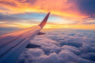 Beautiful sunset sky above clouds with dramatic light. Cabin view from airplane, ai