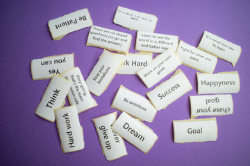 photo of cards with motivation words on violet background