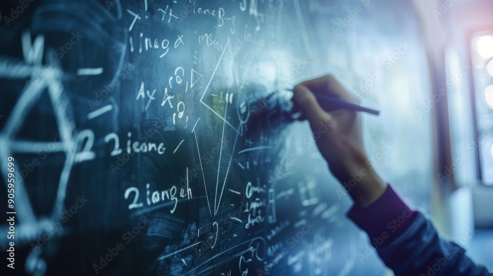 Fototapete Close-up of handwriting on a blackboard using chalk, with mathematical formulas and geometric shapes in white chalk. learning concept after school holidays