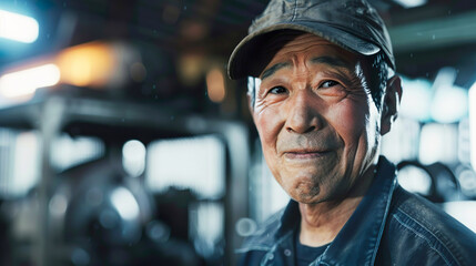 工場で働く作業着のアジア人のシニア男性