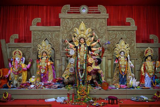 Idol of Goddess Devi Durga at a decorated puja pandal in Kolkata, West Bengal, India on October 22, 2023. Durga Puja is a major religious festival of Hinduism that is celebrated globally.