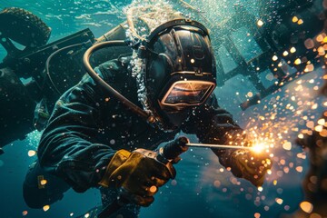 A diver wearing a welding helmet and scuba gear works underwater with sparks flying in front of him.