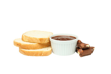 PNG,Chocolate paste in a bowl with bread, isolated on white background