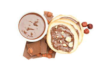 PNG,Chocolate paste in a bowl with bread, isolated on white background