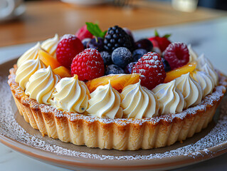 a cake with strawberries and blueberries, and many fruit on top. The cake has a white frosting and is on a white table.
