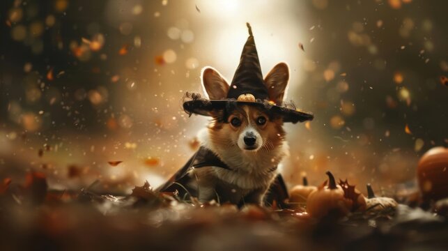 Cute chihuahua dog dressed as a witch for Halloween in a forest setting.
