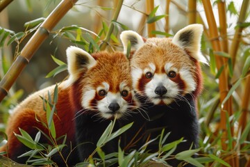 Fototapeta premium red pandas are seen amidst the bamboo, their faces full of curiosity. The green leaves and their fluffy tails create a picture of pure charm and natural beauty.