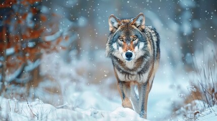 A fierce wolf moves silently through the snowy terrain, its gaze unwavering and determined. The icy landscape accentuates the wolf&rsquo;s predatory instincts and the harsh beauty of its environment.