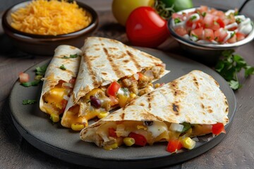 Three Deliciously Stuffed Quesadillas with Melted Cheese and Toppings