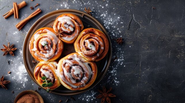 Homemade cinnamon buns with glaze on dark background top view