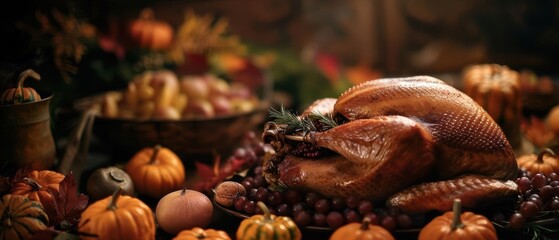 Roasted turkey on a table with pumpkins and fall decor for Thanksgiving dinner.
