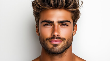 Fototapeta premium Portrait of a handsome young man with perfectly styled hair and a well-groomed beard, looking confidently at the camera