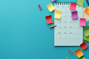 Blank calendar page with colorful sticky notes for reminders and scheduling on blue background. Concept of organization, planning, and time management