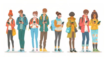 Obraz premium Cartoon vector people engaging with social media on their smartphones