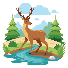 A Brown Deer Standing by a Stream in a Forest Setting
