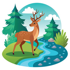 A Deer Standing by a River in a Lush Forest