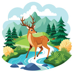 Deer Standing in a River with Green Trees and Mountains in the Background