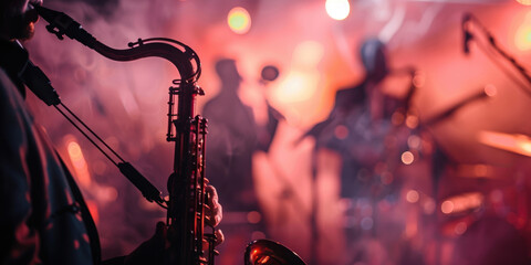 jazz band performing on stage at the club. AI generative.