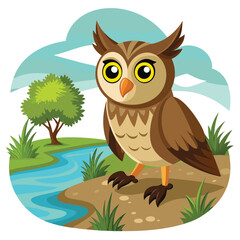 Naklejka premium Cartoon Owl Standing by a River in a Forest