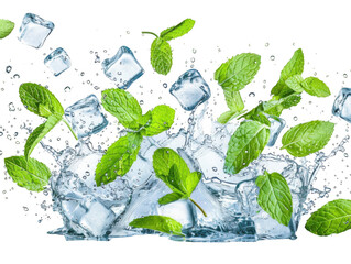 Invigorating Mint Splash: Fresh mint leaves and ice cubes collide in a refreshing burst of coolness, isolated on white for ultimate refreshment. 