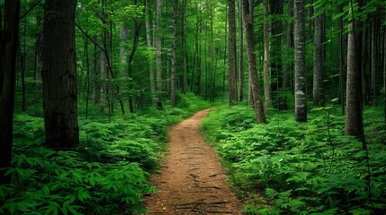Obraz premium Pathway through a lush green forest with tall trees