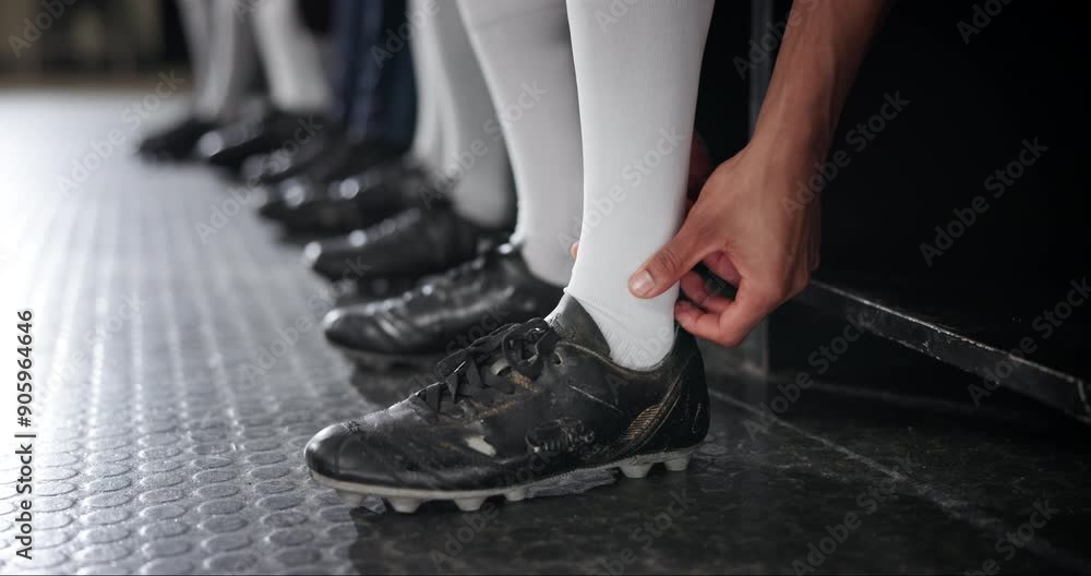 Poster Football, locker room and man with massage of leg for sports injury, pain and swollen ankle. Athlete, foot and hand of player with boots on floor for muscle strain, inflammation and accident in match