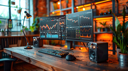 Modern Office Workspace with Multiple Screens Showing Statistical Data Analysis