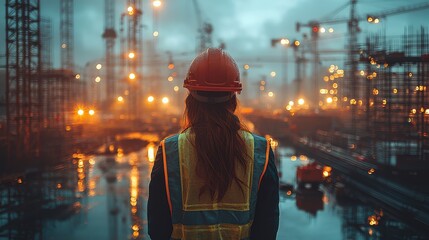 Construction Worker Overlooking Industrial Site at Dusk with Bright Lights and Reflections on Water, Wearing Safety Gear and Helmet, Capturing the Essence of Modern Industrial Development