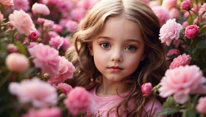 Fototapeta premium Close up beautiful little girl model in the middle of a pink flower garden