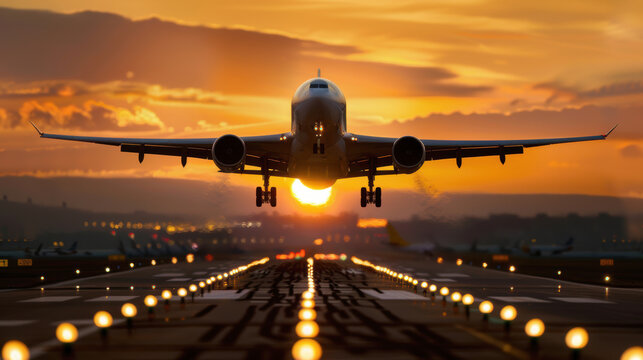  airplane taking off from the runway, sunset in background. AI generative.