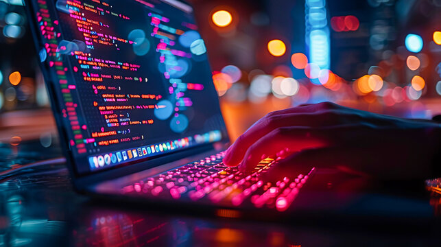 Technology professional working on coding project on laptop with lines of code displayed on screen