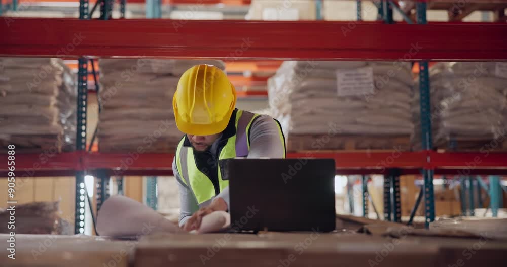 Poster architecture, man and laptop with blueprint at warehouse planning a building design, layout and proj