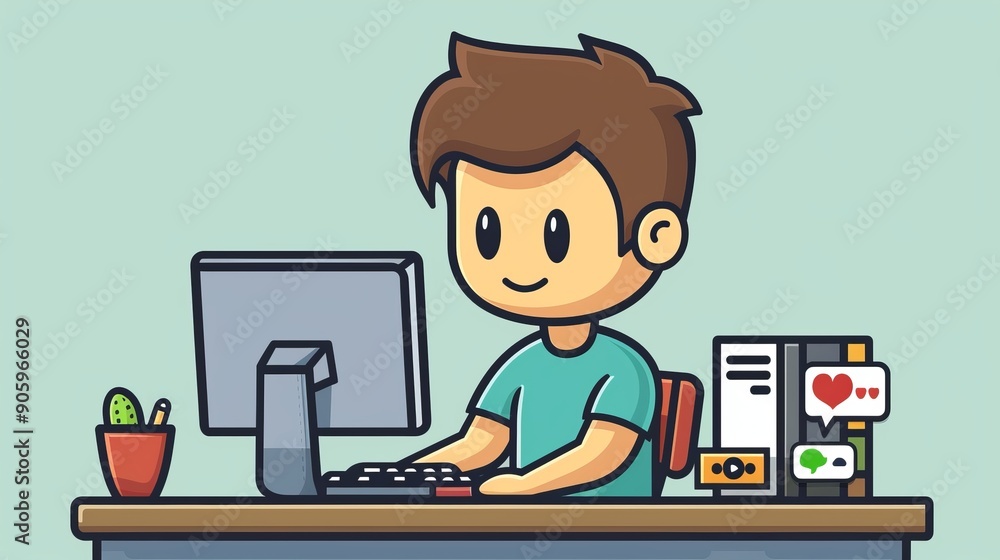 Poster cartoon vector social media manager scheduling posts on a computer