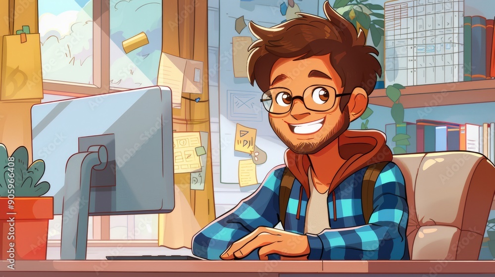 Poster cartoon vector social media manager scheduling posts on a computer