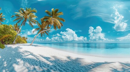 Tranquil Beach Scene with Palm Trees, White Sand, and Blue Ocean