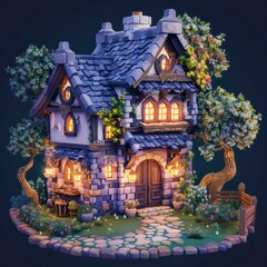 old style house game asset with pixelated design isolated on a neutral background