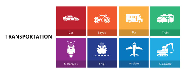 Transportation Glyph Solid Banner Web Icon Set Vector Illustration, Car Bicycle Bus Train Motorcycle Ship Airplane Excavator