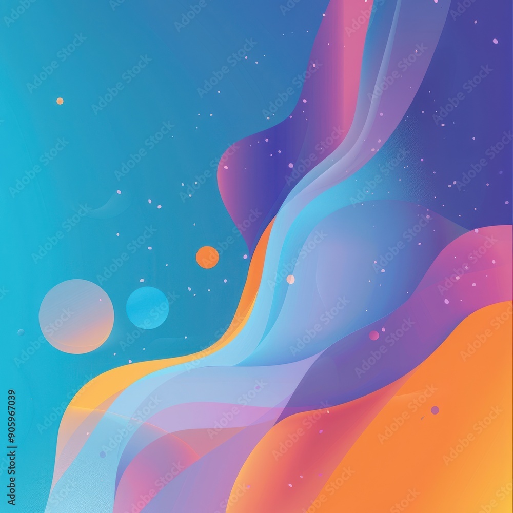 Poster an abstract wave design with vibrant colors, blending smoothly across a blue backdrop, creating a dy