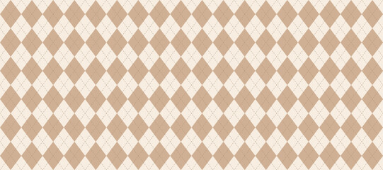 Seamless beige argyle pattern. Light brown rhombus repeated texture background. Stitched diamond forms for textile design, fabric print, wrapping paper, clothes pattern design. Vector wallpaper