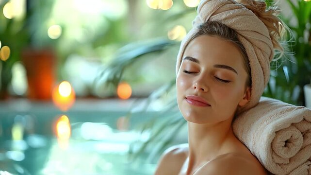 At a luxurious resort or hotel, a woman patron is indulging in a beauty skin recreation salon spa treatment and a soothing anti-stress spa massage.