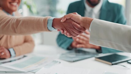 Meeting, business people and handshake in office for mediation, agreement or greeting. Professional, human resources and employees shaking hands for settlement, conflict resolution or formal apology - Powered by Adobe