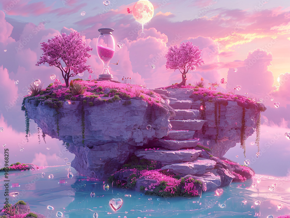 Wall mural a floating island with a rocky surface, surrounded by a body of water and illuminated by a sunset, with a few flowers and a glass crystal on top.