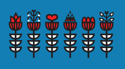 Black and red assorted abstract isolated thick line art deco vertical blooming flowers with leaves icons set on blue background poster