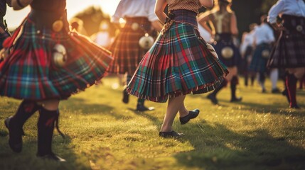 Closeup of a woman's legs in a kilt, dancing in a field.