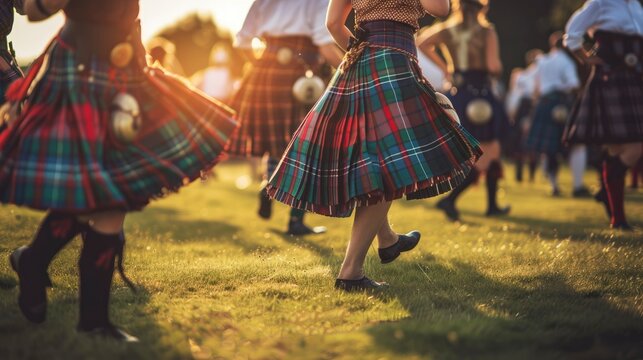 Closeup of a woman's legs in a kilt, dancing in a field.