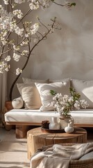 Contemporary Living Room Ambiance with a Sofa, Coffee Table, and Flourishing Branches Exuding a Romantic and Stylish Decor Aesthetic.