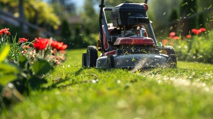 Mower cutting fresh grass in a backyard garden