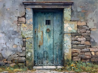Naklejka premium single door on a rustic stone wall background
