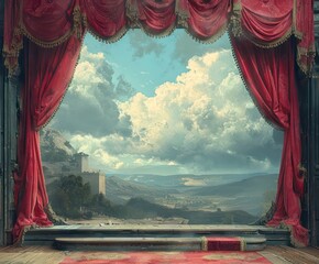 theatrical vintage stage with a landscape in the backdrop, rich and intricate details