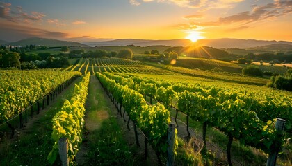 Fototapeta premium Golden Hour Vineyard Sunset: Tuscany, Italy, Wine, Grapes, Landscape